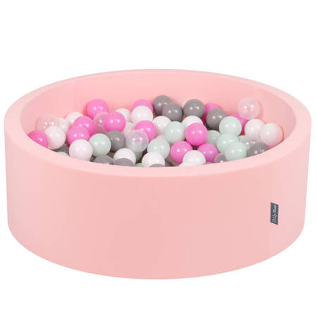 KiddyMoon Suchy basen okrągły z piłeczkami 7cm Zabawka basen piankowy, różowy: transparent-szary-biały-róż-mięta