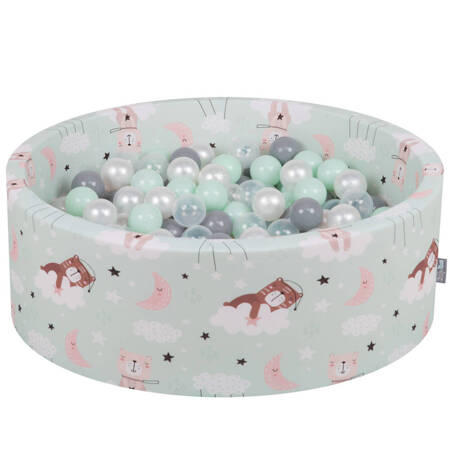 KiddyMoon Suchy basen okrągły z piłeczkami 7cm Zabawka basen piankowy, śpiące misie-zielony: perła-szary-transparent-mięta