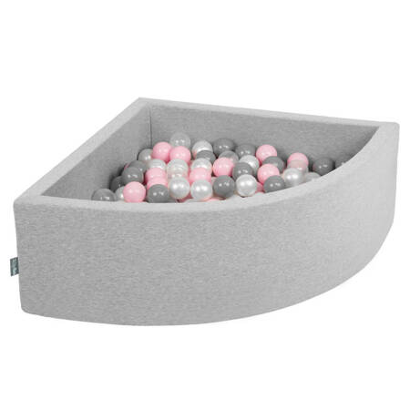KiddyMoon Suchy basen trójkątny z piłeczkami 7cm Zabawka basen piankowy, jasnoszary: perła-szary-transparent-pudrowy róż
