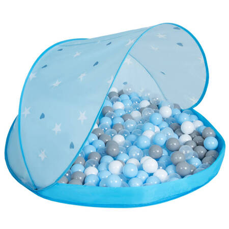 Namiot muszla NS-100X z piłeczkami 6cm Zabawka namiot dla dzieci, niebieski muszla: szary-biały-transparent-babyblue