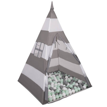 Namiot tipi NT-200X z piłeczkami 6cm Zabawka namiot dla dzieci, szaro-białe pasy: biały-szary-mięta