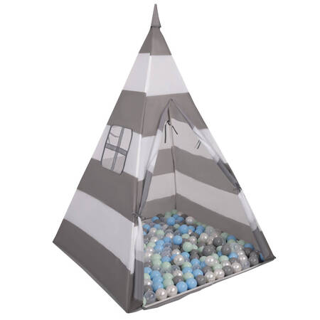 Namiot tipi NT-200X z piłeczkami 6cm Zabawka namiot dla dzieci, szaro-białe pasy: perła-szary-transparent-babyblue-mięta