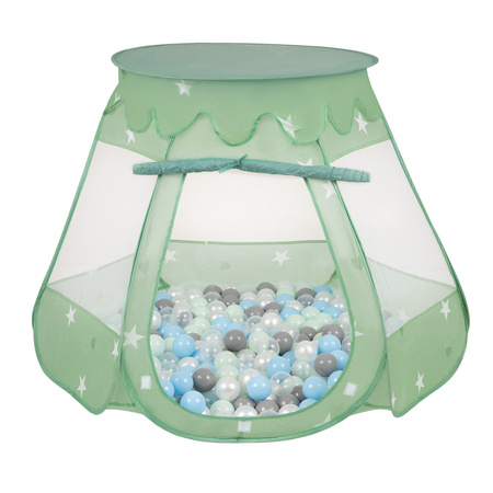 Namiot zamek NZ-100X z piłeczkami 6cm Zabawka namiot dla dzieci, miętowy: perła-szary-transparent-babyblue-mięta
