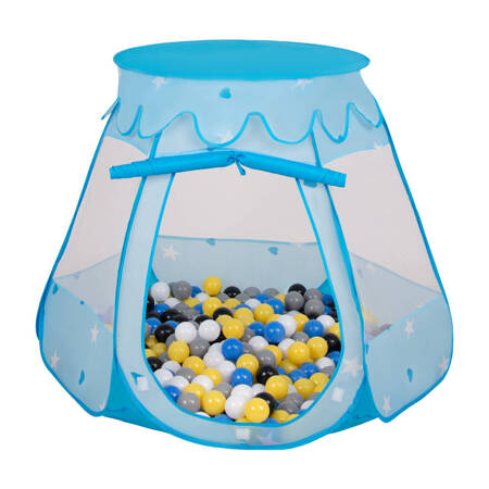 Namiot zamek NZ-100X z piłeczkami 6cm Zabawka namiot dla dzieci, niebieski: czarny-biały-szary-niebieski-żółty