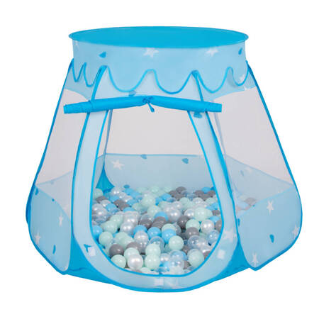 Namiot zamek NZ-100X z piłeczkami 6cm Zabawka namiot dla dzieci, niebieski: perła-szary-transparent-babyblue-mięta