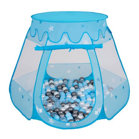 Namiot zamek NZ-100X z piłeczkami 6cm Zabawka namiot dla dzieci, niebieski: transparent-srebrny-perła-babyblue
