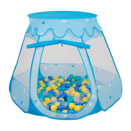 Namiot zamek NZ-100X z piłeczkami 6cm Zabawka namiot dla dzieci, niebieski: turkus-niebieski-żółty-transparent