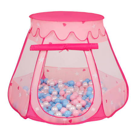 Namiot zamek NZ-100X z piłeczkami 6cm Zabawka namiot dla dzieci, różowy: babyblue-pudrowy róż-perła