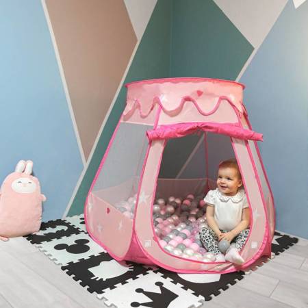 Namiot zamek NZ-100X z piłeczkami 6cm Zabawka namiot dla dzieci, różowy: transparent-szary-biały-róż-mięta