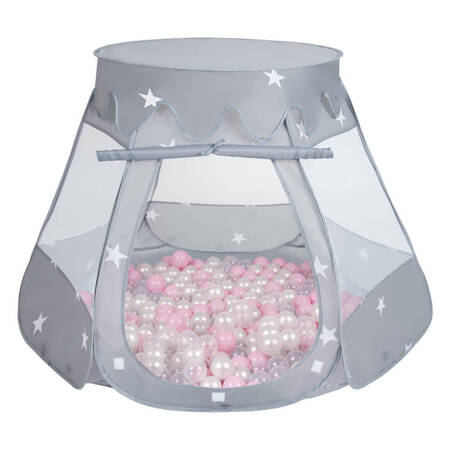 Namiot zamek NZ-100X z piłeczkami 6cm Zabawka namiot dla dzieci, szary: pudrowy róż-perła-transparent