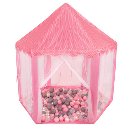Pawilon księżniczki NK-100X-PINK z piłeczkami 6cm Zabawka namiot dla dzieci, różowy: perła-szary-transparent-pudrowy róż