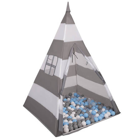 Selonis Namiot tipi NT-200X z piłeczkami 6cm Zabawka namiot dla dzieci, szaro-białe pasy: szary-biały-transparent-babyblue