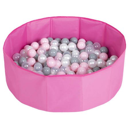 Suchy basen składany BS-100X z piłeczkami 6cm Zabawka basen tekstylny, różowy: perła-szary-transparent-pudrowy róż