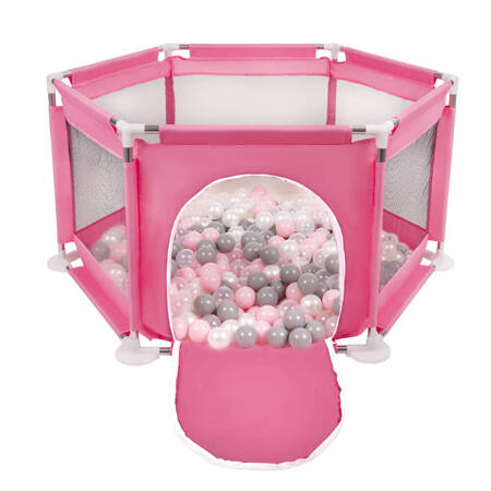 Sześciokąt składany KS-100X z piłeczkami 6cm Zabawka kojec, różowy: perła-szary-transparent-pudrowy róż
