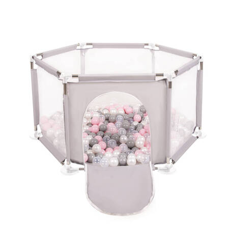 Sześciokąt składany KS-100X z piłeczkami 6cm Zabawka kojec, szary: perła-szary-transparent-pudrowy róż